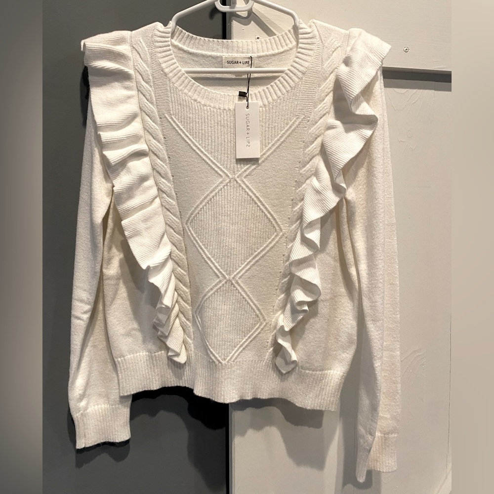 Sugarlips White ruffle trim sweater, size Medium
